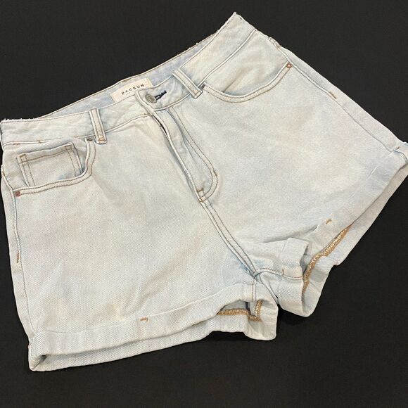 ~ PacSun 28 Jean Mom Shorts Light Wash High Waist 11" Cuff Blue Zip Festival - Picture 2 of 16